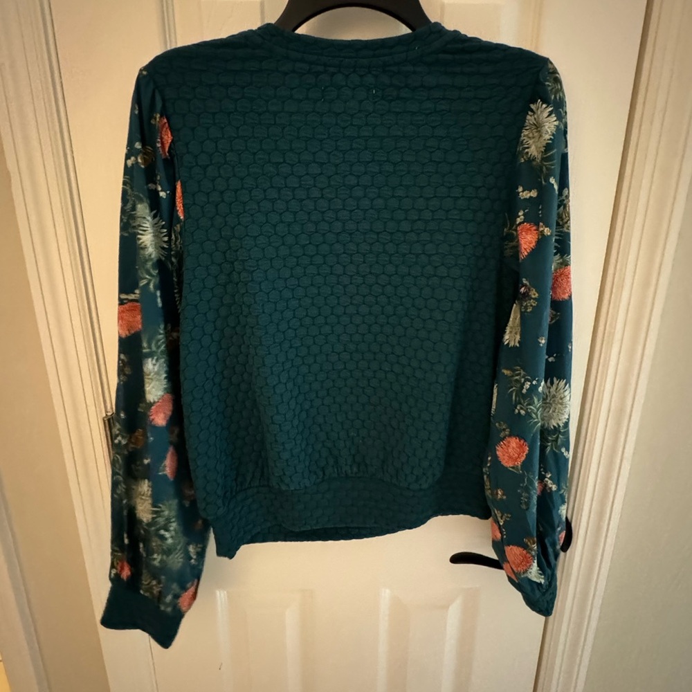 Anthropologie Teal Textured Sweatshirt with Floral Sleeves - Picture 2 of 5